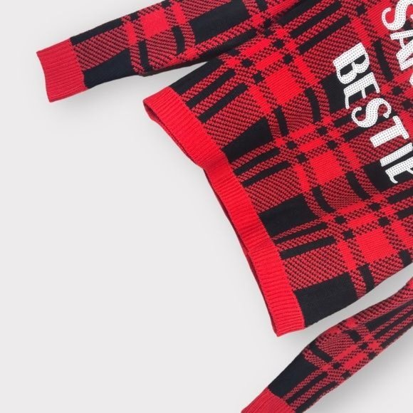 DEREK HEART Sequin Santa’s Bestie Buffalo Plaid Pullover Sweater Size La… - Picture 2 of 7